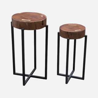 Two accent tables made of solid wood with walnut finish and gold metal inlay, featuring a sleek iron base.