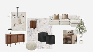 Collage of modern living room furniture including a sofa, coffee table, and decorative items.