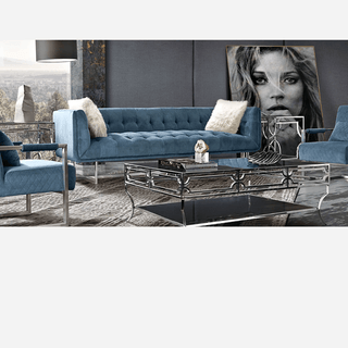 Hollywood Tufted Sofa in Royal Blue Velvet with Metal Leg