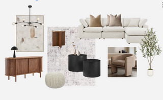 Collage of living room furniture including a sofa, coffee table, and decorative items.