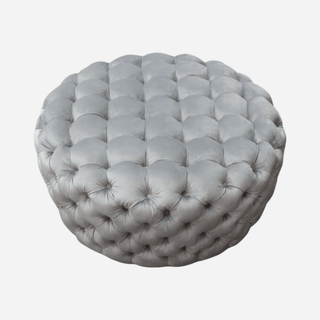 Posh Tufted Round Accent Ottoman in Platinum Gray Velvet