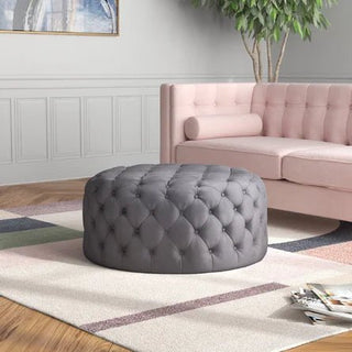 Posh Tufted Round Accent Ottoman in Platinum Gray Velvet