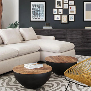 Salem Round Drum Storage Cocktail Table with Natural Mango Wood Top & Metal Base