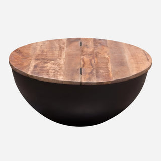 Salem Round Drum Storage Cocktail Table with Natural Mango Wood Top & Metal Base