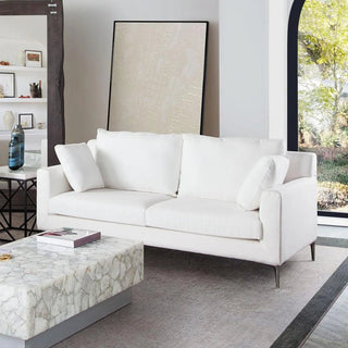 Seattle Loose Back Loveseat in White Linen with Polished Silver Metal Leg