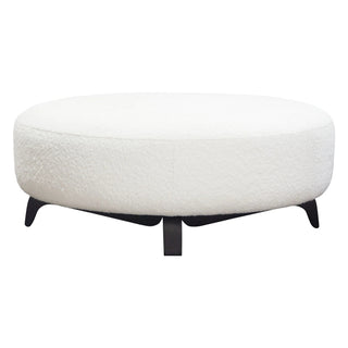 Vesper Round Ottoman in Faux White Shearling with Black Wood Leg Base