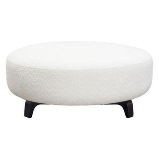 Vesper Round Ottoman in Faux White Shearling with Black Wood Leg Base