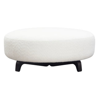 Vesper Round Ottoman in Faux White Shearling with Black Wood Leg Base