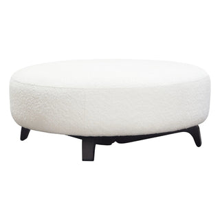 Vesper Round Ottoman in Faux White Shearling with Black Wood Leg Base